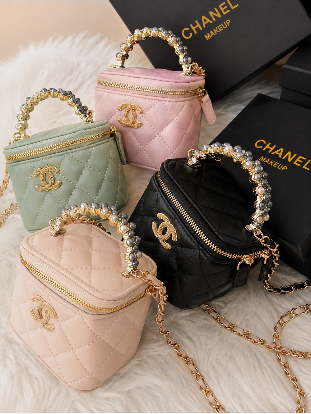 Chanel GWP Mini Vanity Bag with Pearl Handle – Quilted Crossbody (4 Colors)
